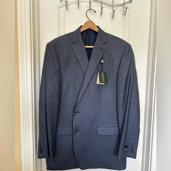 Ralph Lauren Men's Blue Gray Black Houndstooth 48L Jacket Sport Coat Blazer Wool